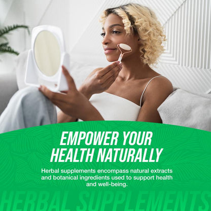 HealthyRealLife promotional image of woman using a facial roller and text promoting saffron extract capsules