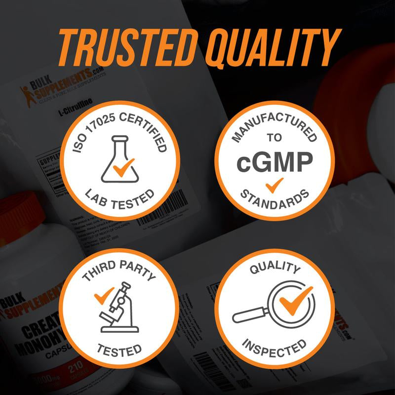 Trusted quality badges for HealthyRealLife saffron extract capsules showing ISO lab tested cGMP third party inspected