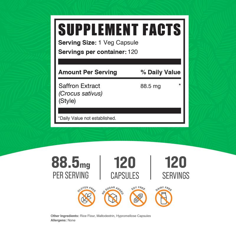 HealthyRealLife saffron extract capsules supplement facts label 88.5 mg per serving 120 capsules gluten free