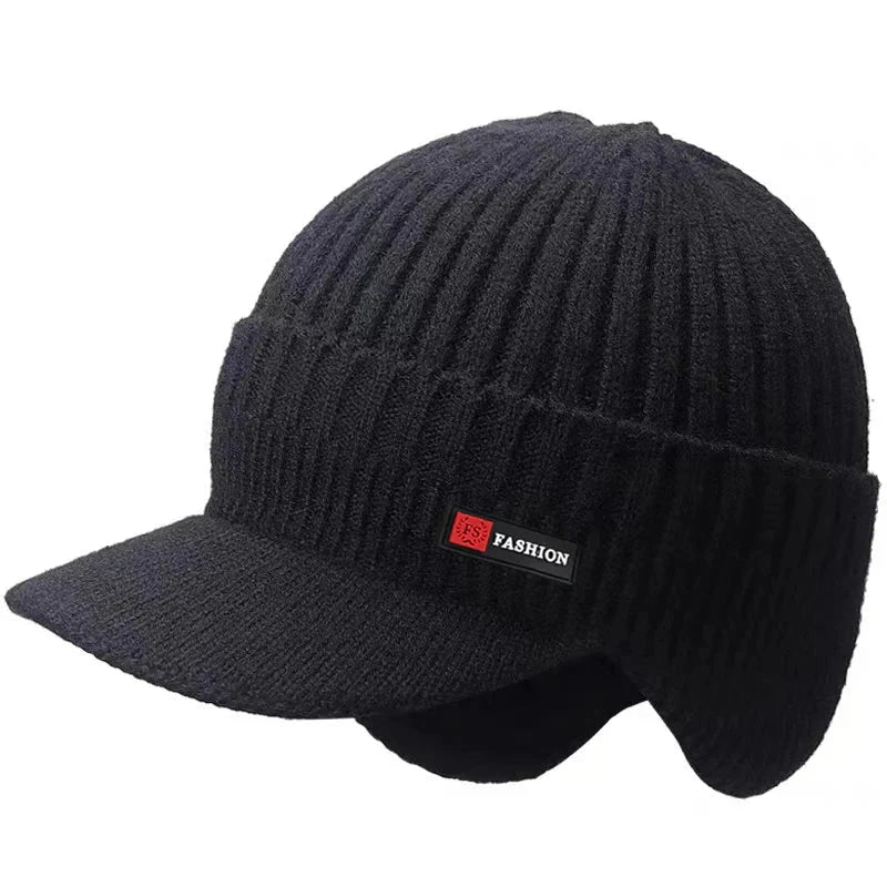 HealthyRealLife black ribbed men's winter knit hat with ear protection visor and fold cuff
