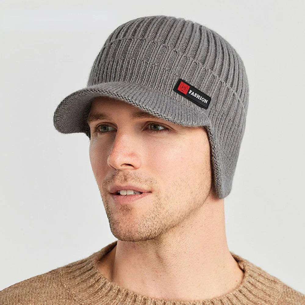 HealthyRealLife men's winter knit hat with ear protection gray knit visor beanie with ear flaps and fashion patch