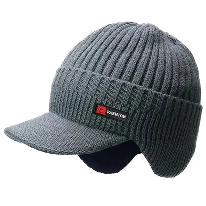 HealthyRealLife men's winter knit hat with ear protection gray ribbed beanie cap with visor and fleece lined ear flaps