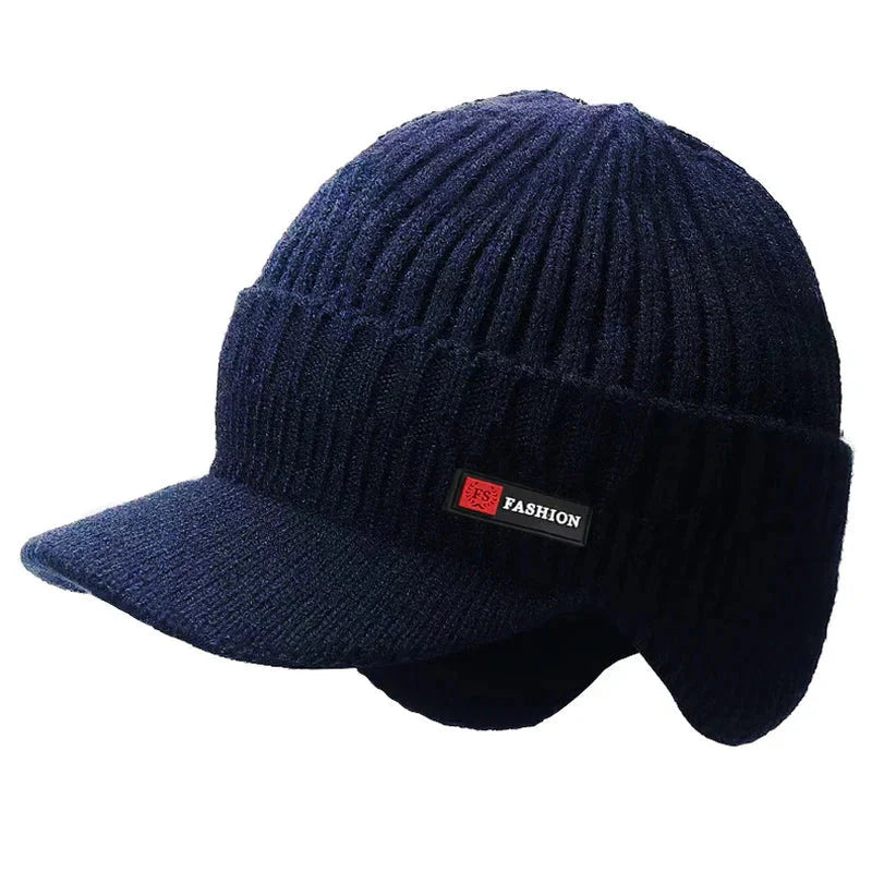 HealthyRealLife navy ribbed men's winter knit hat with ear protection and brim fold down ear flaps