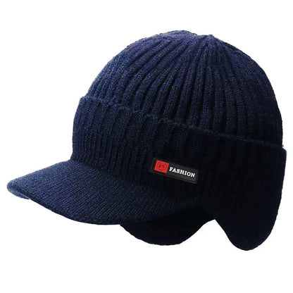 HealthyRealLife navy ribbed men's winter knit hat with ear protection and brim fold down ear flaps