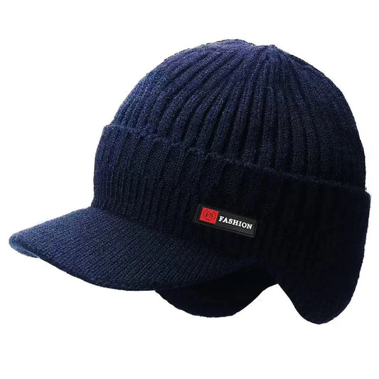 HealthyRealLife navy ribbed men's winter knit hat with ear protection and brim fold down ear flaps