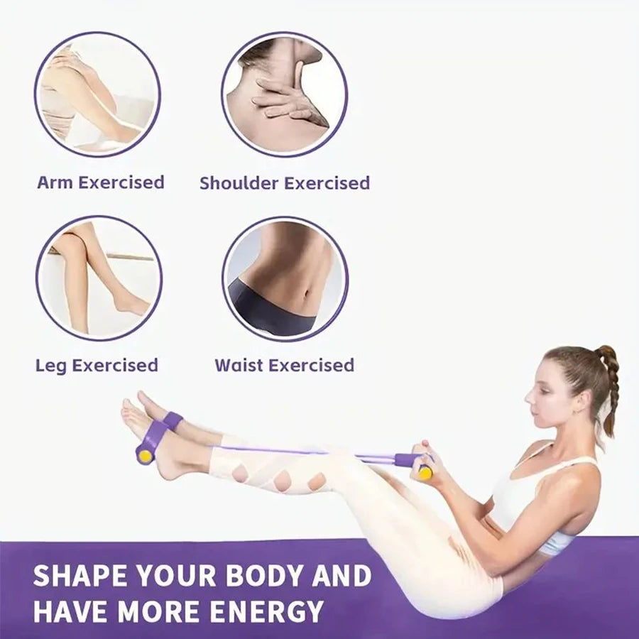 Woman performing seated core exercise with purple 6-tube resistance band for workouts with handles and ankle straps