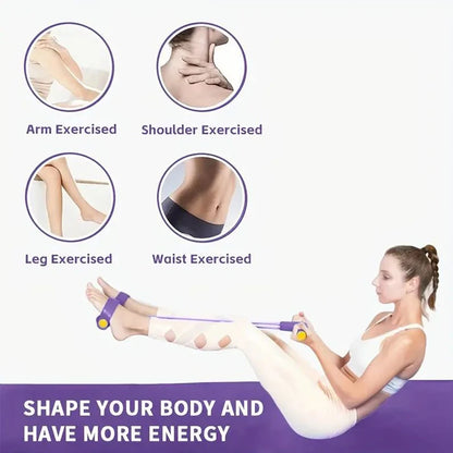 Woman performing seated core exercise with purple 6-tube resistance band for workouts with handles and ankle straps