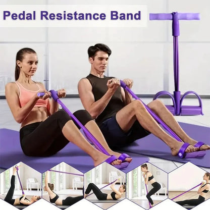 HealthyRealLife purple pedal 6-tube resistance band for workouts with man and woman exercising on mats