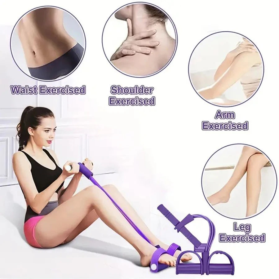 HealthyRealLife purple 6-tube resistance band for workouts used by seated woman for arm leg waist shoulder exercises
