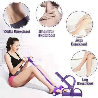 HealthyRealLife purple 6-tube resistance band for workouts used by seated woman for arm leg waist shoulder exercises