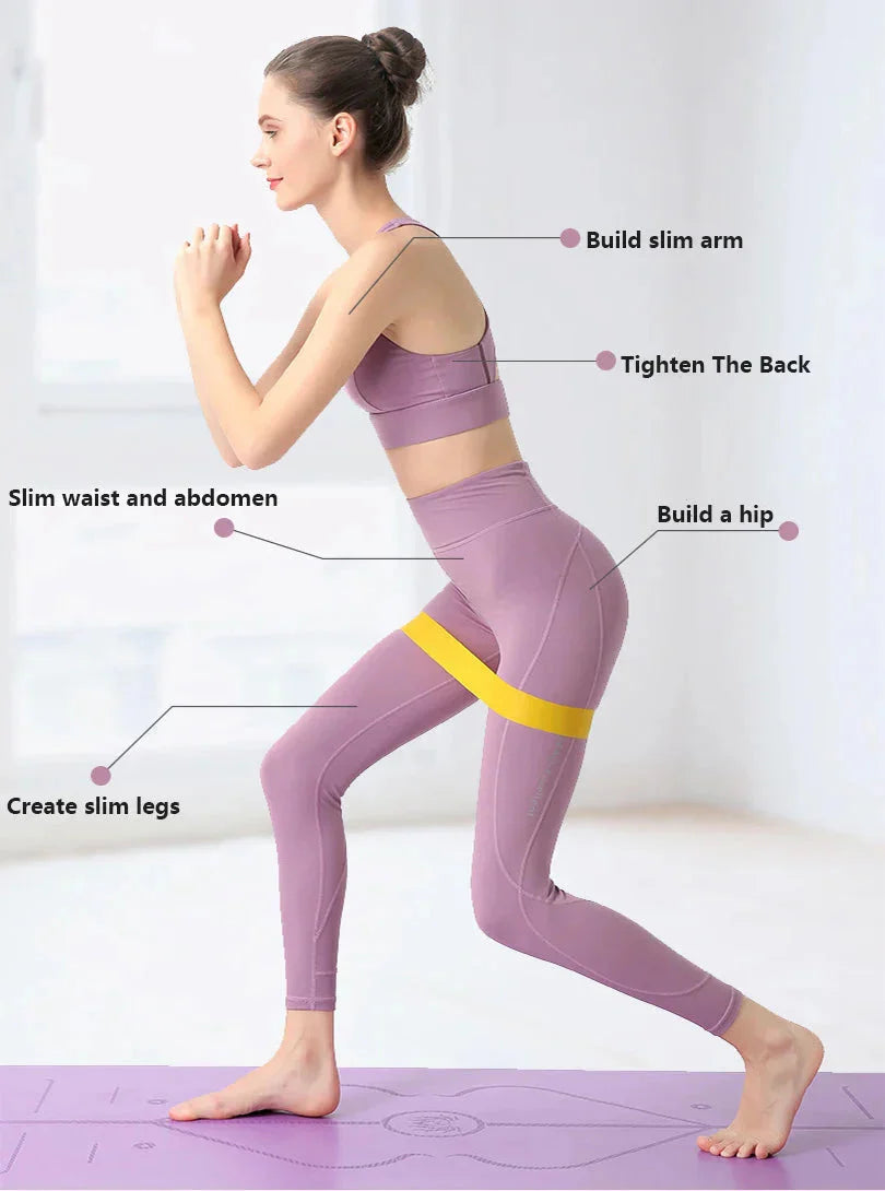 HealthyRealLife resistance bands set for workouts shown on woman in purple activewear doing squat with yellow loop band
