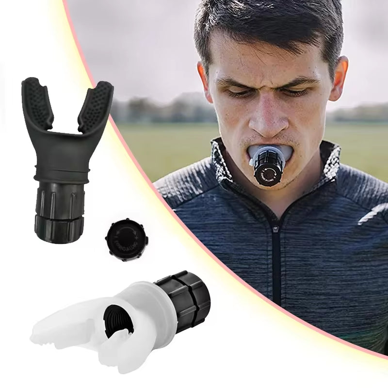sports breathing trainer mouthpiece device in black and white shown and used by a man outdoors for respiratory exercise