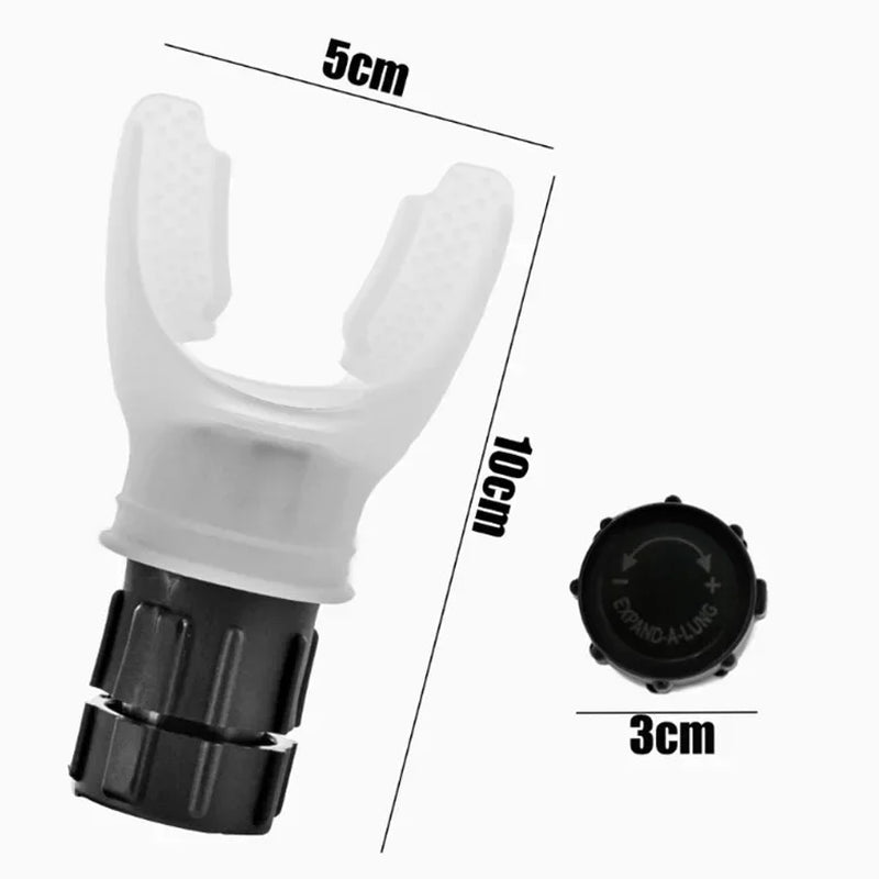 HealthyRealLife silicone mouthpiece sports breathing trainer with black adjustable resistance dial shown with size markings