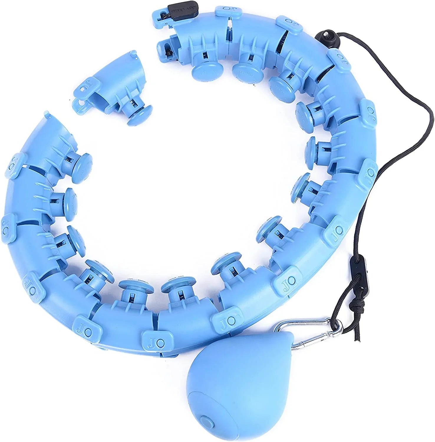Blue collapsible adjustable weighted hula hoop with removable water bag weight and massage nodes for waist exercise