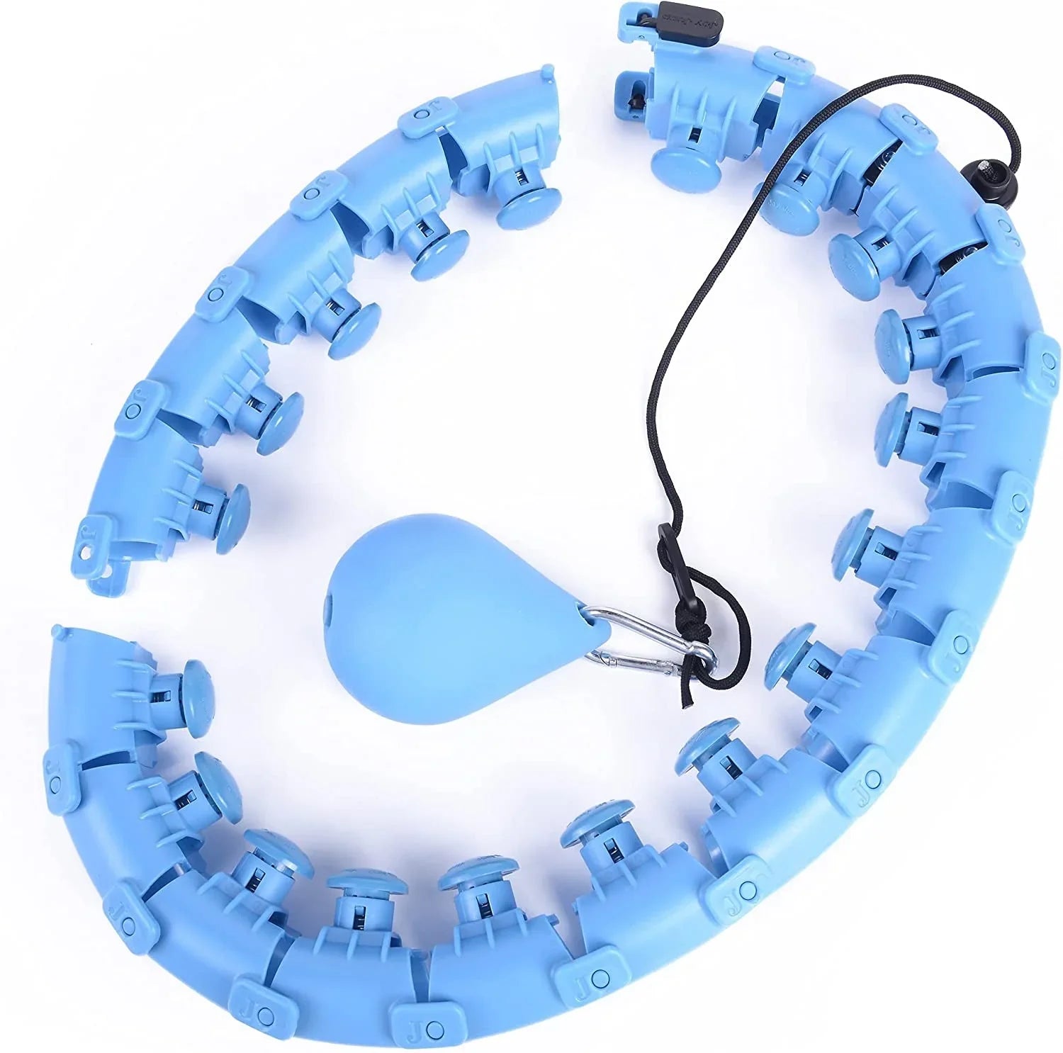 Light blue adjustable weighted hula hoop with detachable wrist cord and removable weight ball for home fitness