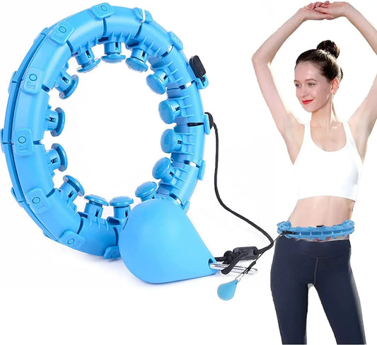 Blue adjustable weighted hula hoop with detachable segments and weight ball shown on woman