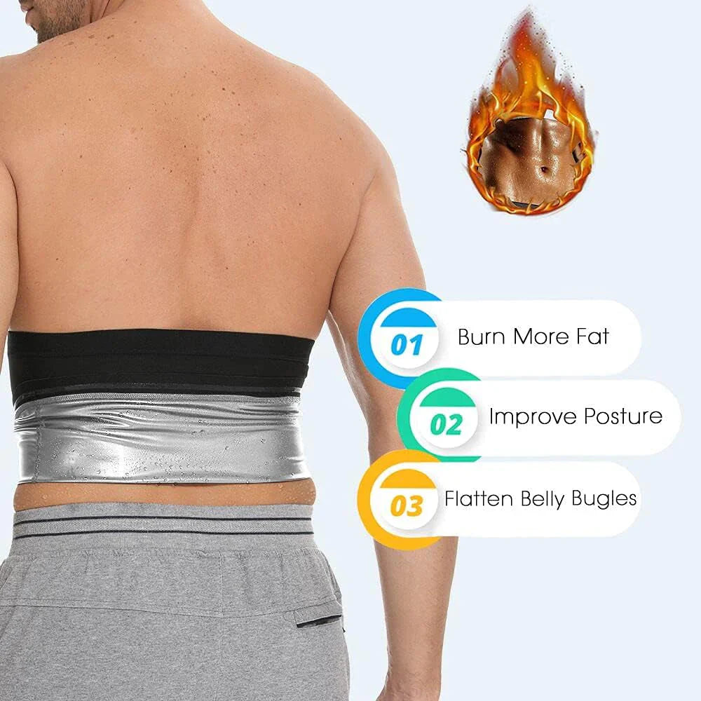 sauna waist trimmer belt for men worn by shirtless man showing silver wrap on lower back with posture and fat burning benefits