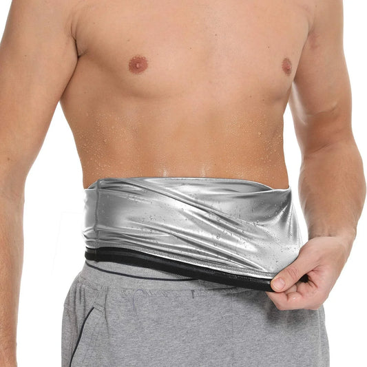 HealthyRealLife sauna waist trimmer belt for men silver sweat inducing neoprene wrap worn by shirtless model