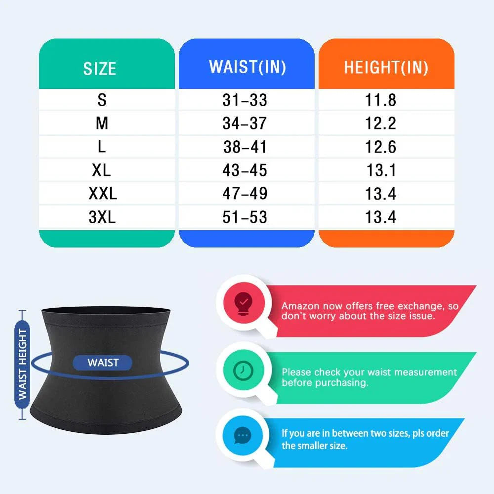 sauna waist trimmer belt for men sizing chart showing waist ranges S to 3XL with height and measurement tips