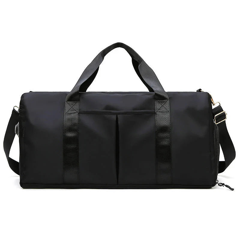 HealthyRealLife black waterproof fitness duffel bag with dual top handles adjustable shoulder strap and front pockets