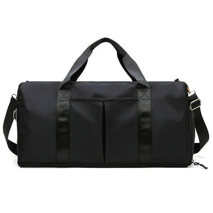HealthyRealLife black waterproof fitness duffel bag with dual top handles adjustable shoulder strap and front pockets