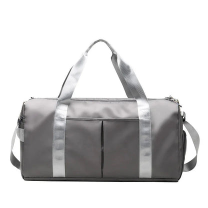 HealthyRealLife waterproof fitness duffel bag in gray with front pockets padded shoulder strap and top handles