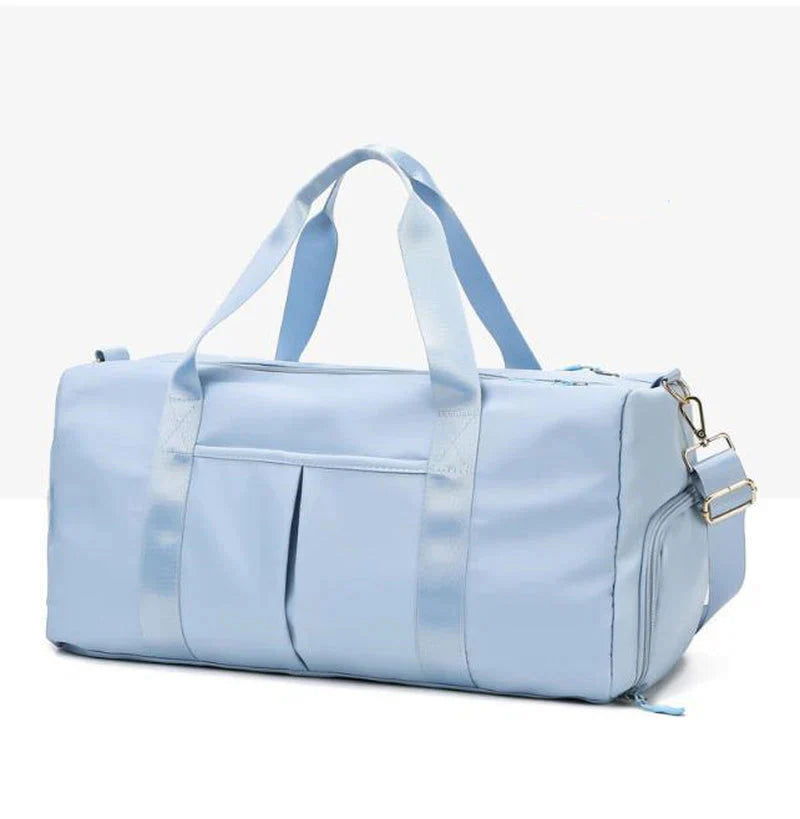 HealthyRealLife light blue waterproof fitness duffel bag with detachable shoulder strap front pocket and side zip compartment