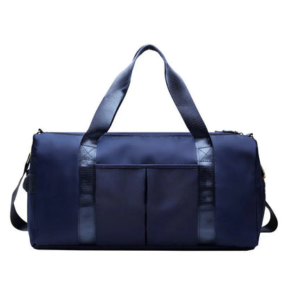 HealthyRealLife navy waterproof fitness duffel bag with dual handles adjustable shoulder strap and front pockets