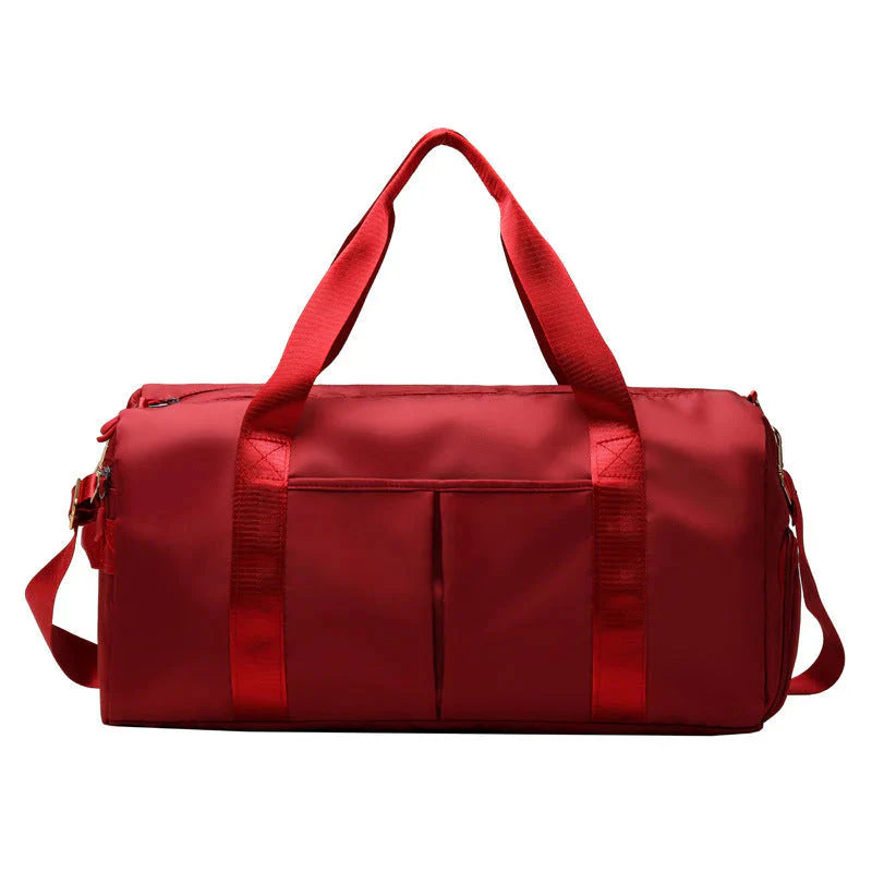 HealthyRealLife red waterproof fitness duffel bag with dual handles shoulder strap and front pockets
