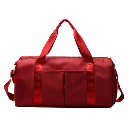 HealthyRealLife red waterproof fitness duffel bag with dual handles shoulder strap and front pockets