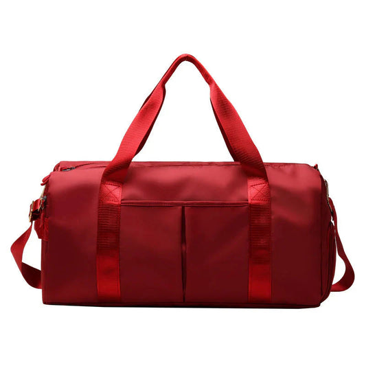 HealthyRealLife red waterproof fitness duffel bag with dual handles shoulder strap and front pockets