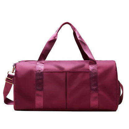 HealthyRealLife maroon waterproof fitness duffel bag with shoulder strap dual handles and front pockets