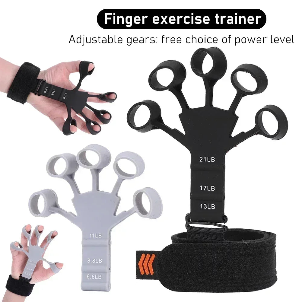 HealthyRealLife finger exerciser for hand strength set showing black and gray resistance trainer with wrist strap and labeled lbs