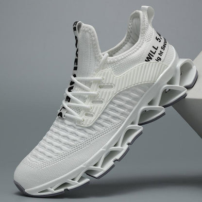 White knit athletic shoe with futuristic ventilated sole and sock collar women's lace-up sneakers