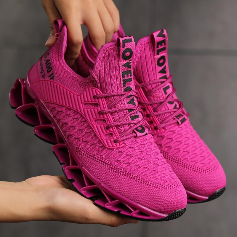 HealthyRealLife hot pink women's lace-up sneakers with breathable knit upper elastic laces and sculpted spring sole
