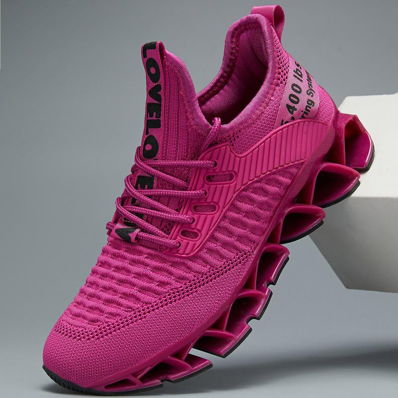 Hot pink women's lace-up sneakers with breathable knit upper and unique shock-absorbing segmented sole