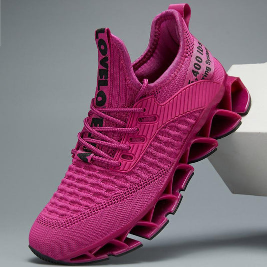 Hot pink women's lace-up sneakers with breathable knit upper and unique shock-absorbing segmented sole