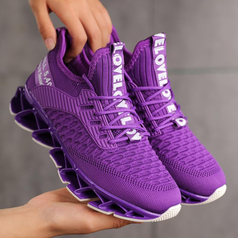 Purple knit running women's lace-up sneakers with breathable upper and sculpted spring sole