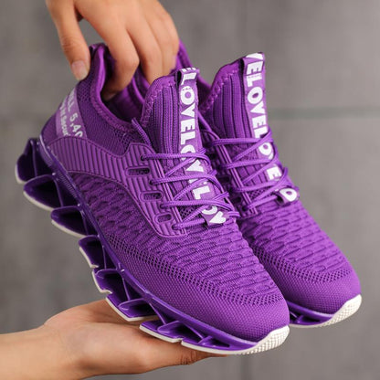 Purple knit running women's lace-up sneakers with breathable upper and sculpted spring sole