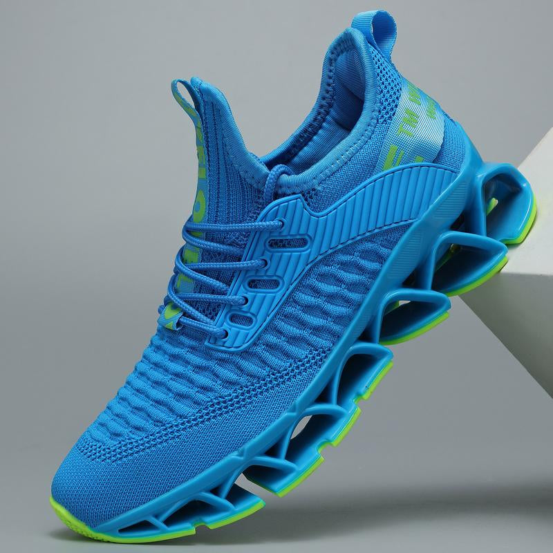 HealthyRealLife women's lace-up sneakers bright blue knit upper with hollow segmented neon green sole accents