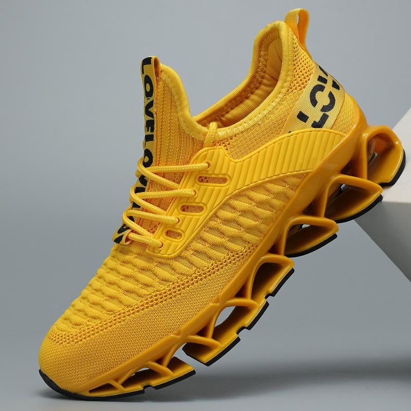 HealthyRealLife yellow women's lace-up sneakers with breathable knit upper and futuristic hollow sole