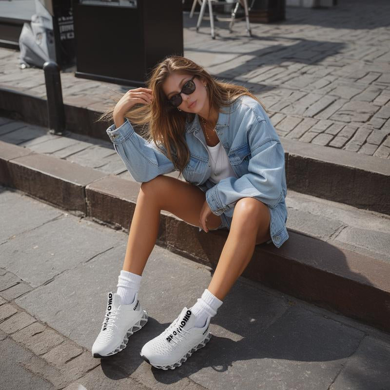 HealthyRealLife model in denim jacket and sunglasses wearing white women's lace-up sneakers on city steps