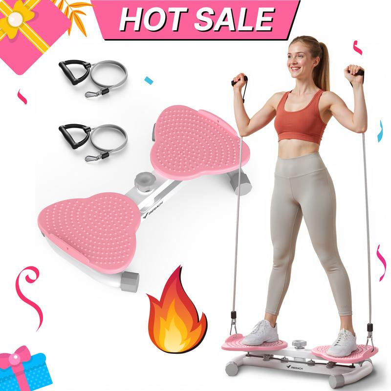 HealthyRealLife pink waist twist machine for abs with resistance bands and woman demonstrating use