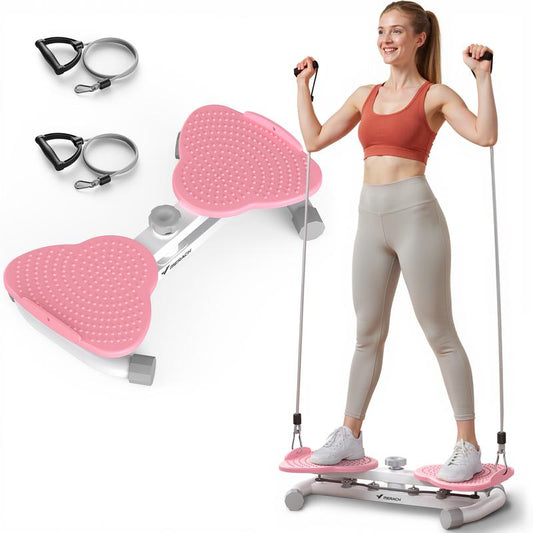 HealthyRealLife pink waist twist machine for abs with resistance bands shown being used by woman