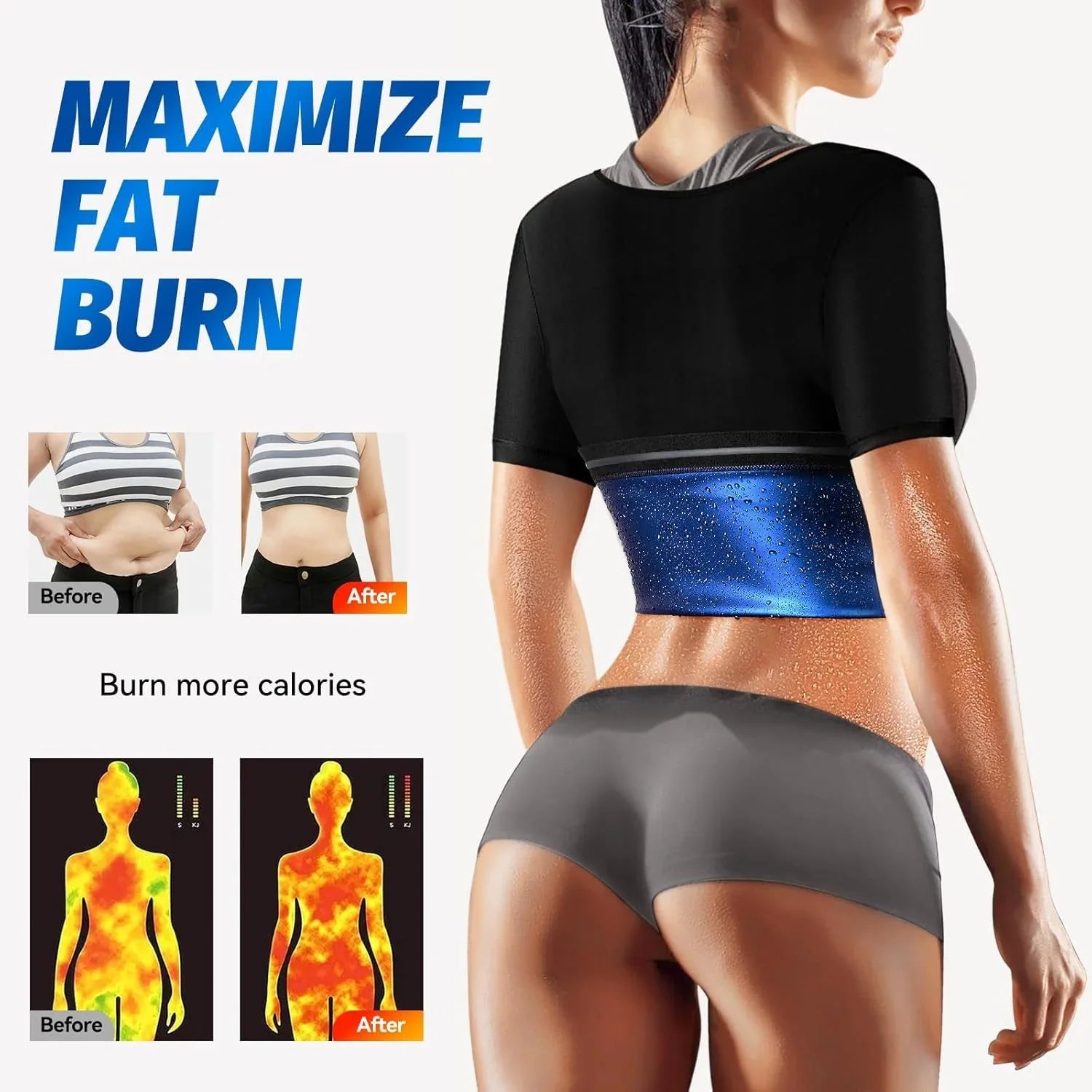 sauna suit for women black short sleeve crop top with blue waist wrap on model with before after and thermal images