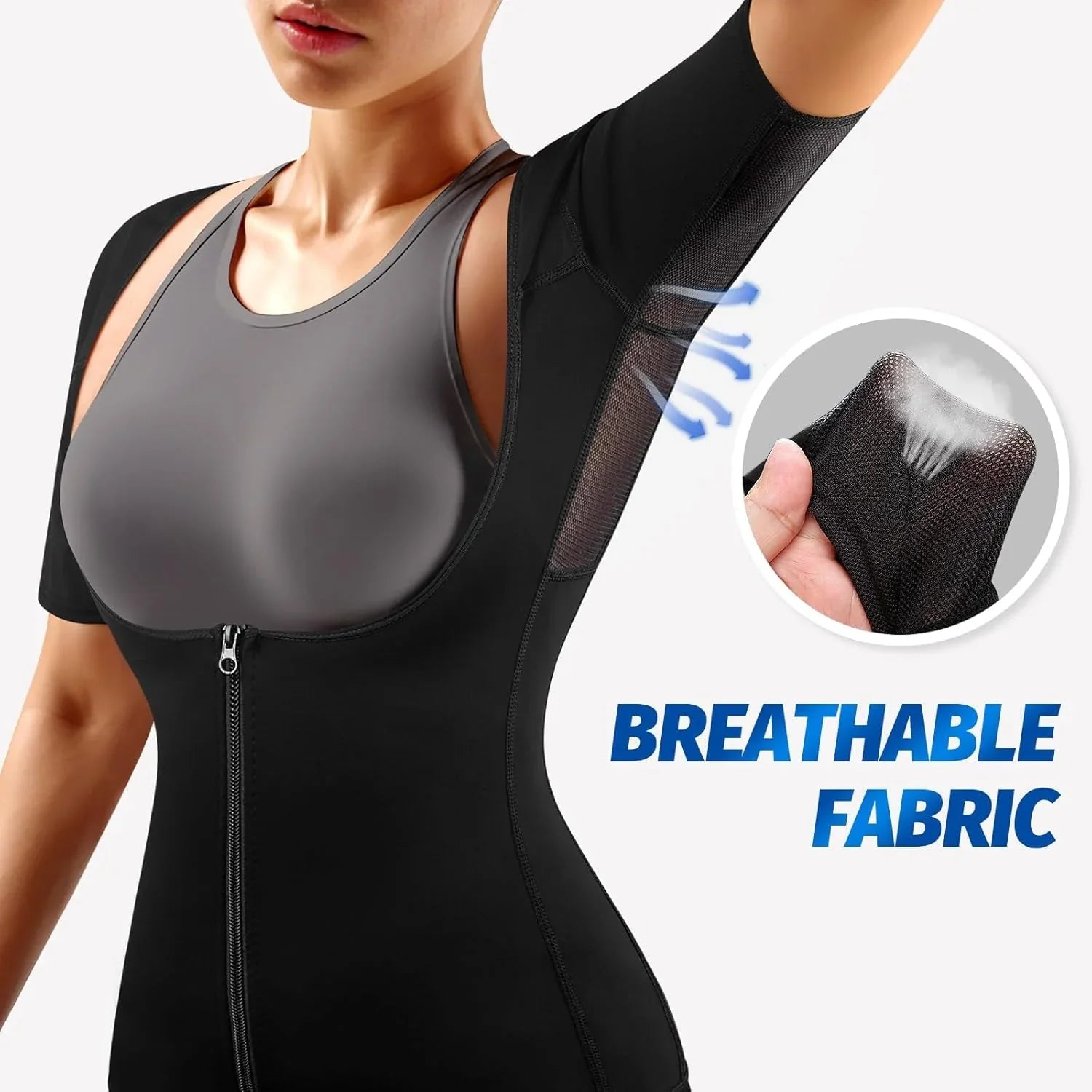 HealthyRealLife sauna suit for women black zip front breathable underarm mesh shaping bodysuit