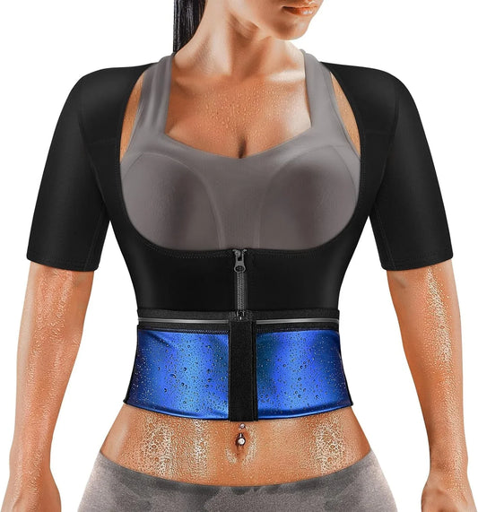 HealthyRealLife sauna suit for women black short sleeve neoprene top with blue waist trainer sweat visible