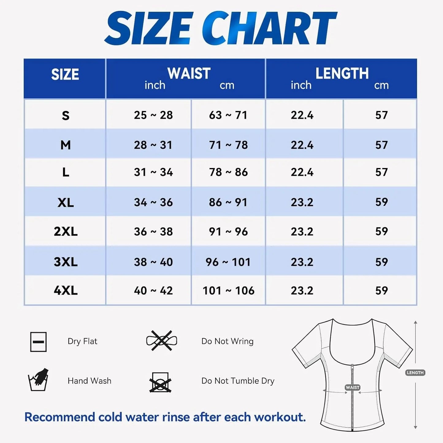 HealthyRealLife size chart for sauna suit for women showing S to 4XL waist and length measurements and care icons