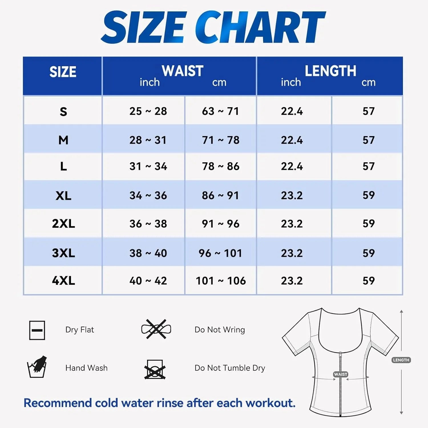HealthyRealLife size chart for sauna suit for women showing S to 4XL waist and length measurements and care icons