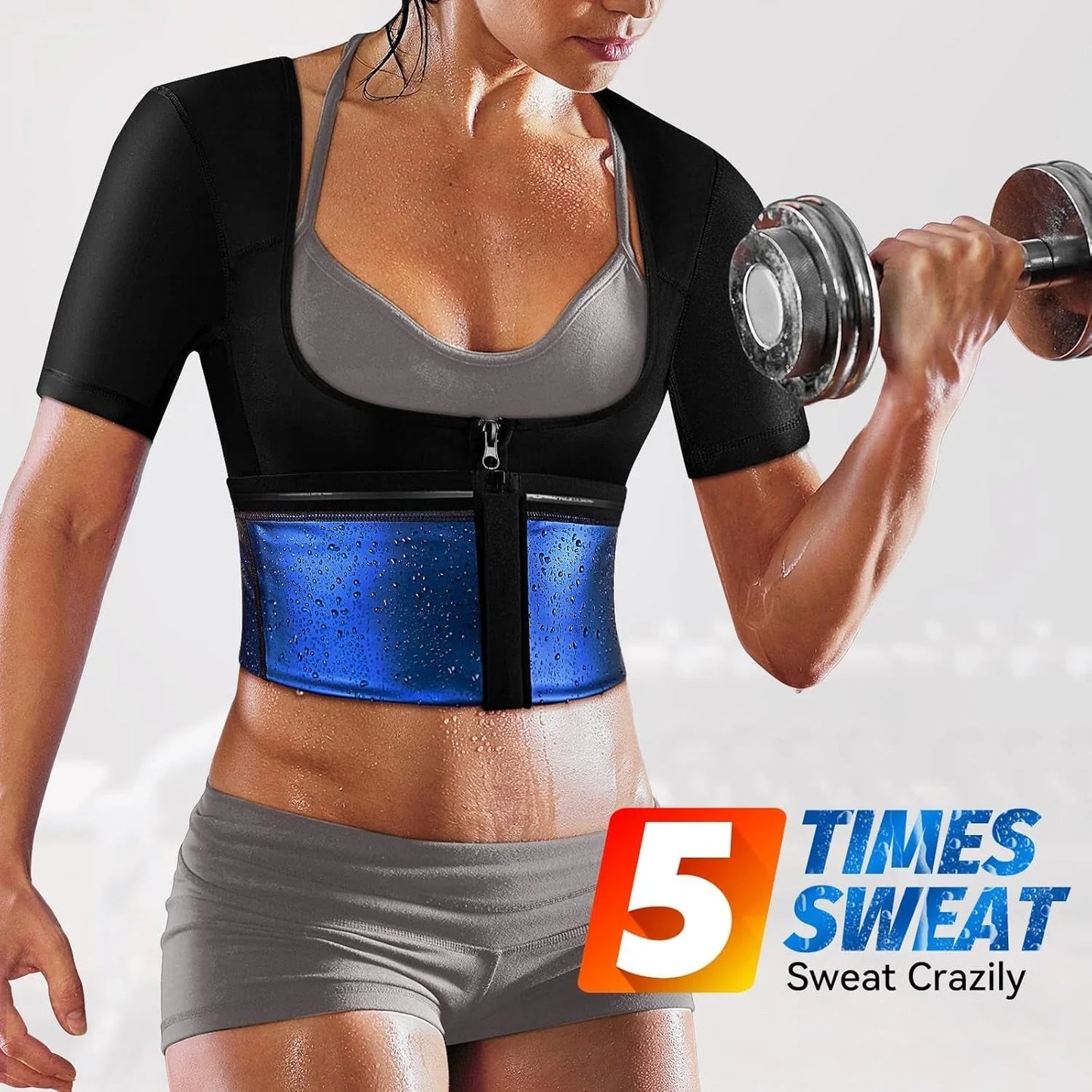 HealthyRealLife sauna suit for women black short sleeve waist vest with blue sweat band woman lifting dumbbell and sweating